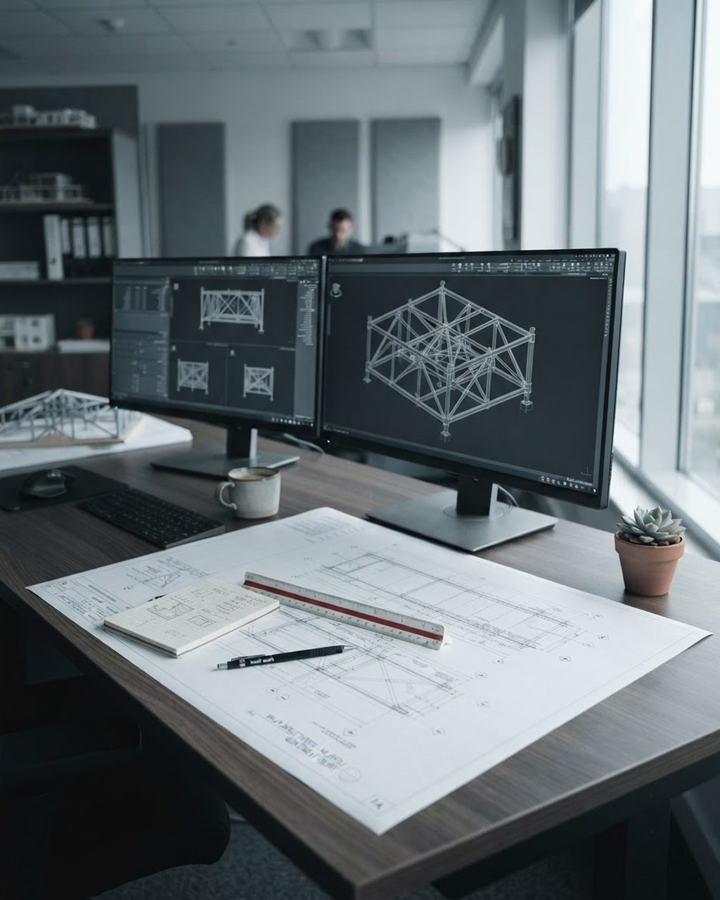An engineer's desk: a structural model on two monitors and a printed drawing