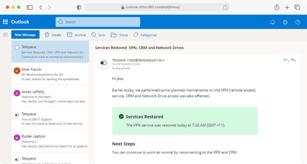 Outlook inbox with Tekspace Maintenance Email showing success